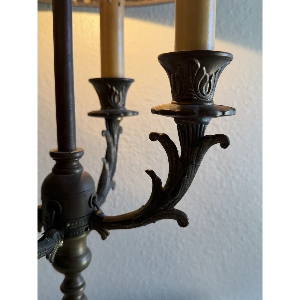 Vintage Brass Desk Table Lamp w/ Black And‎ Gold Designed Shade 4 Candle Lights